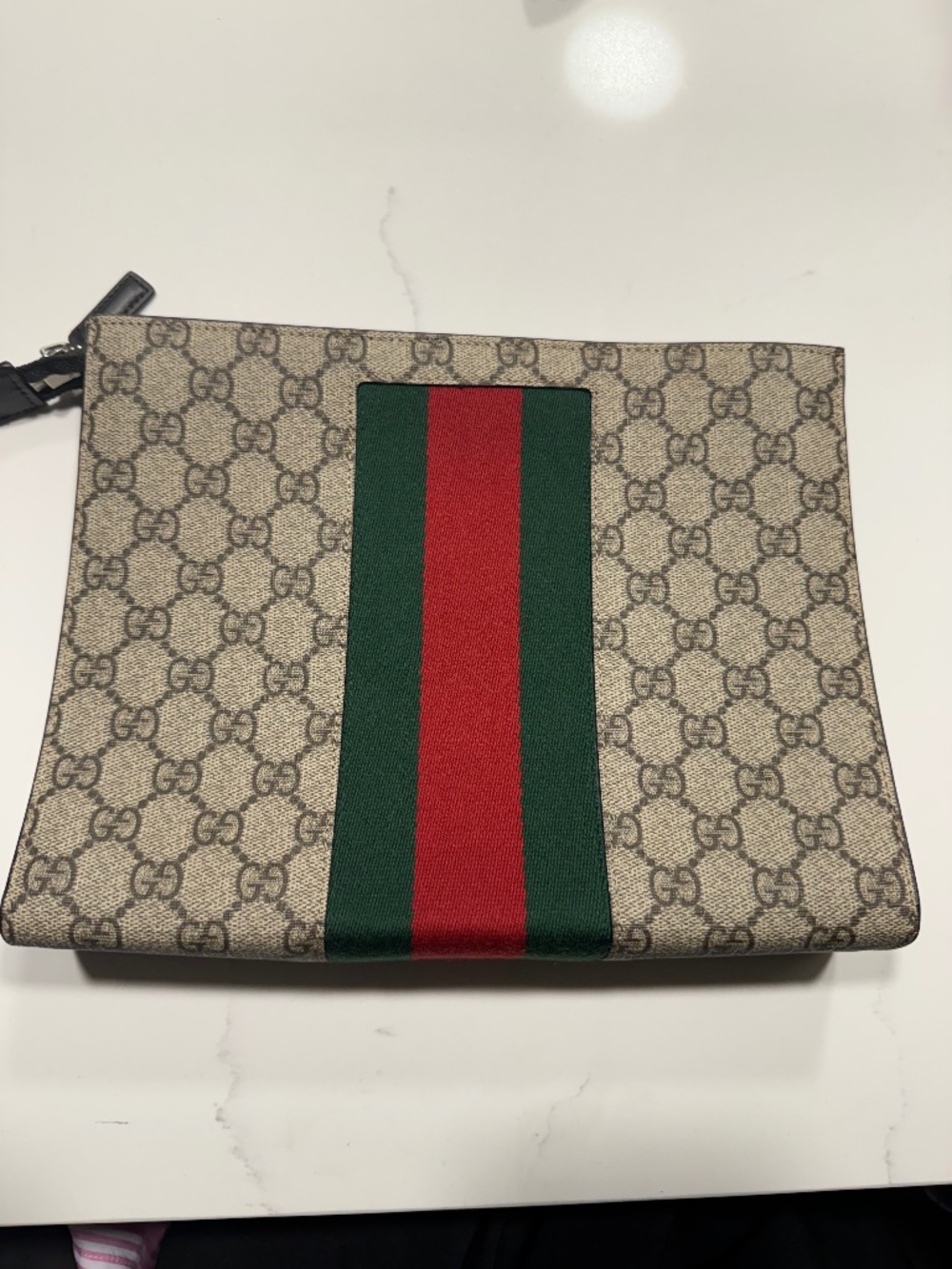 Gucci GG Supreme Pouch Pattern Beige Green Red Web Stripe Silver
